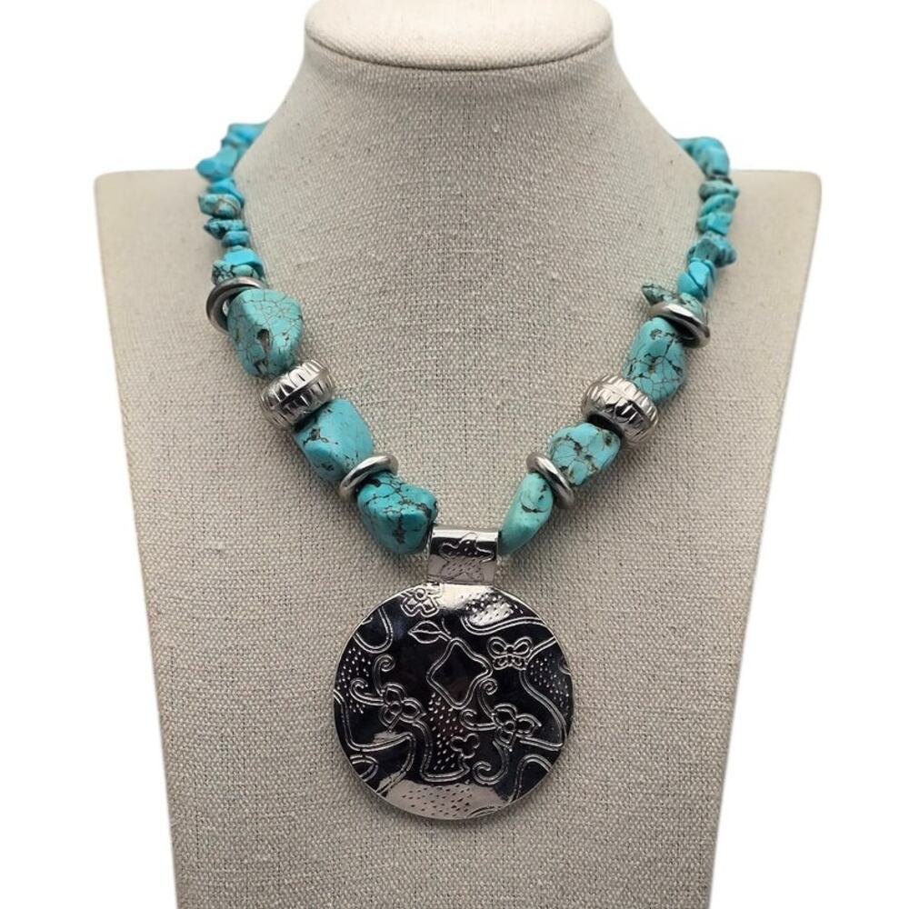 Jules Turquoise Chunky Bead Necklace with Silver Scroll Engraved Pendant